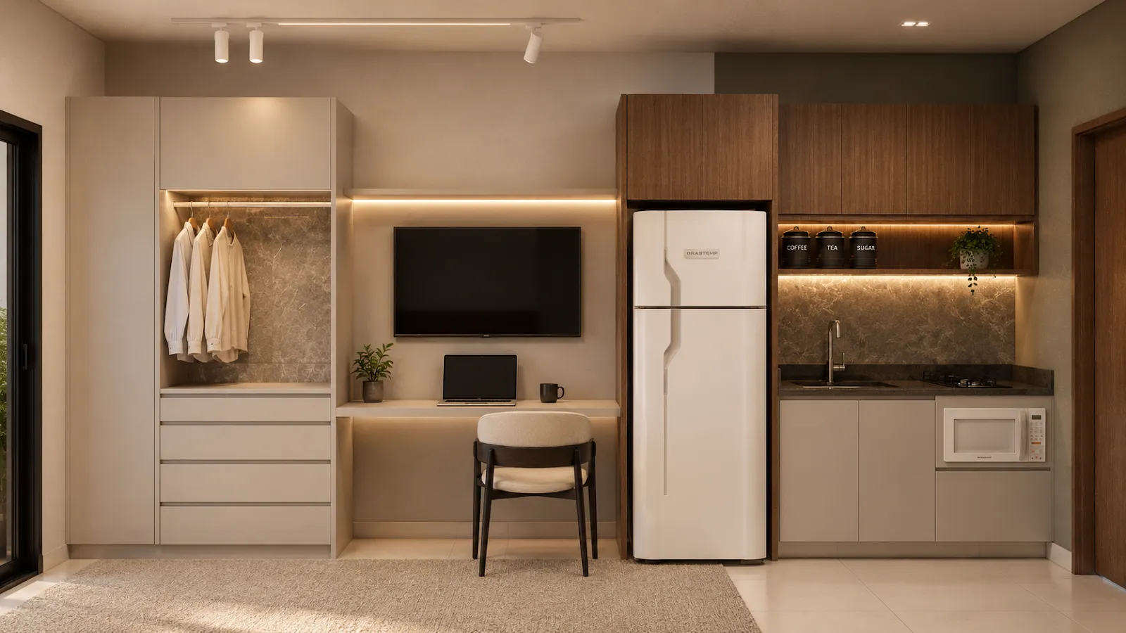 Studio Stay Tibery com armário aberto, televisão, bancada de trabalho e cozinha compacta